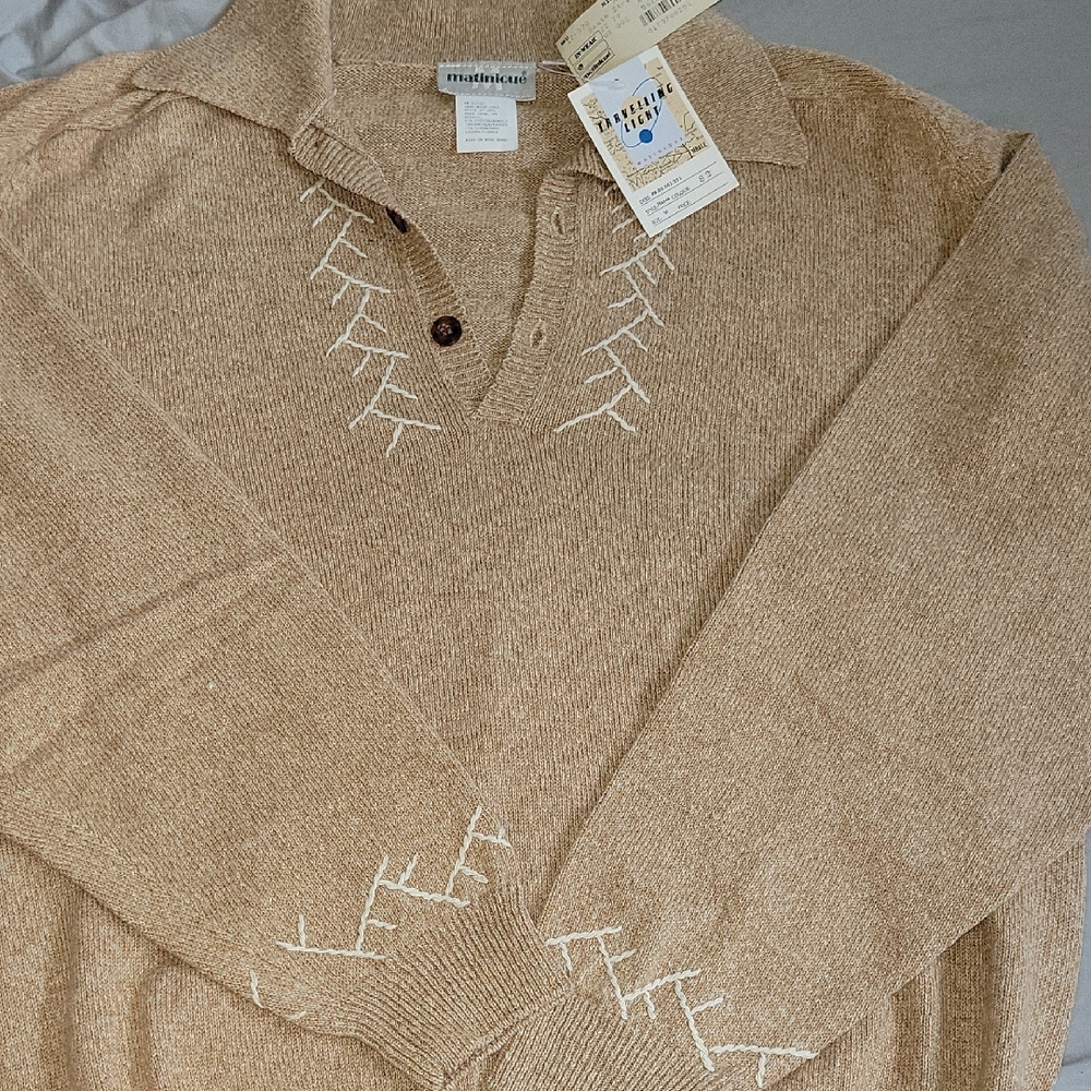 Mushroom V-Neck Sweater with Embroidered Accents